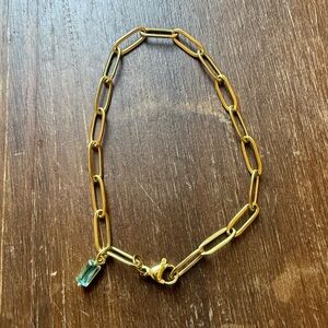 Gold Chain Link Bracelet with Aquamarine Crystal Charm